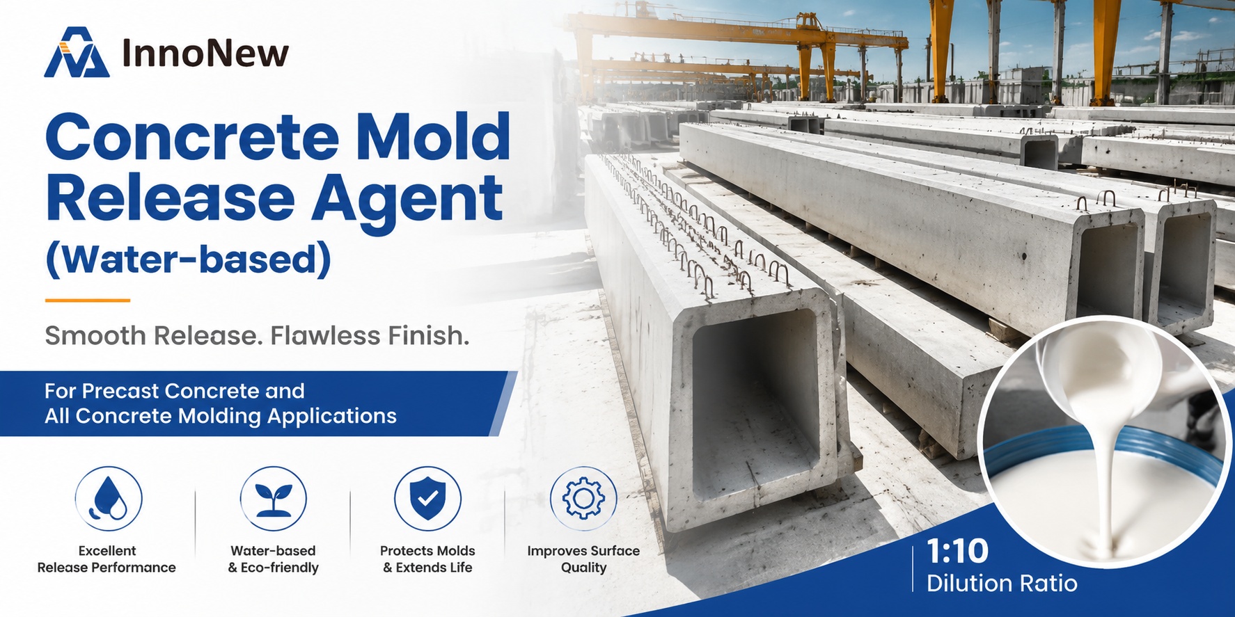 How Precast Concrete Plants Improve Efficiency Using Water-Based Mold Release Agents 1 Water-based concrete mold release agent applied on precast formwork, showing smooth demolding surface and industrial construction process with clean concrete finish