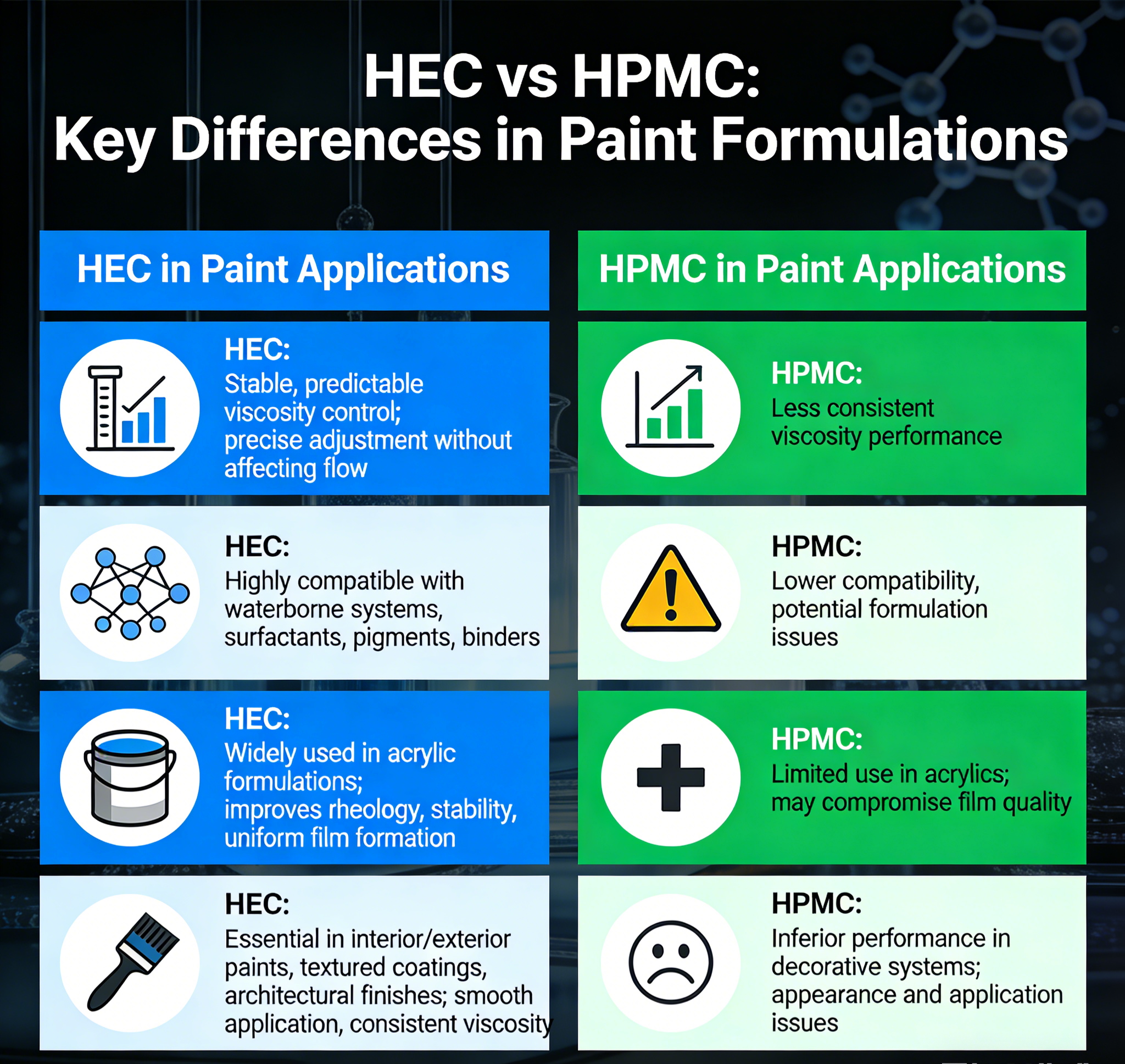 HEC vs HPMC in paint comparison showing viscosity performance and coating application differences