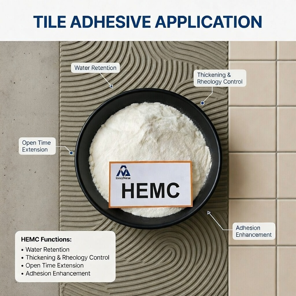 Specially formulated HEMC powder for tile adhesive, improving construction efficiency, reducing cracking and ensuring long-lasting adhesion for floor and wall tiling applications.