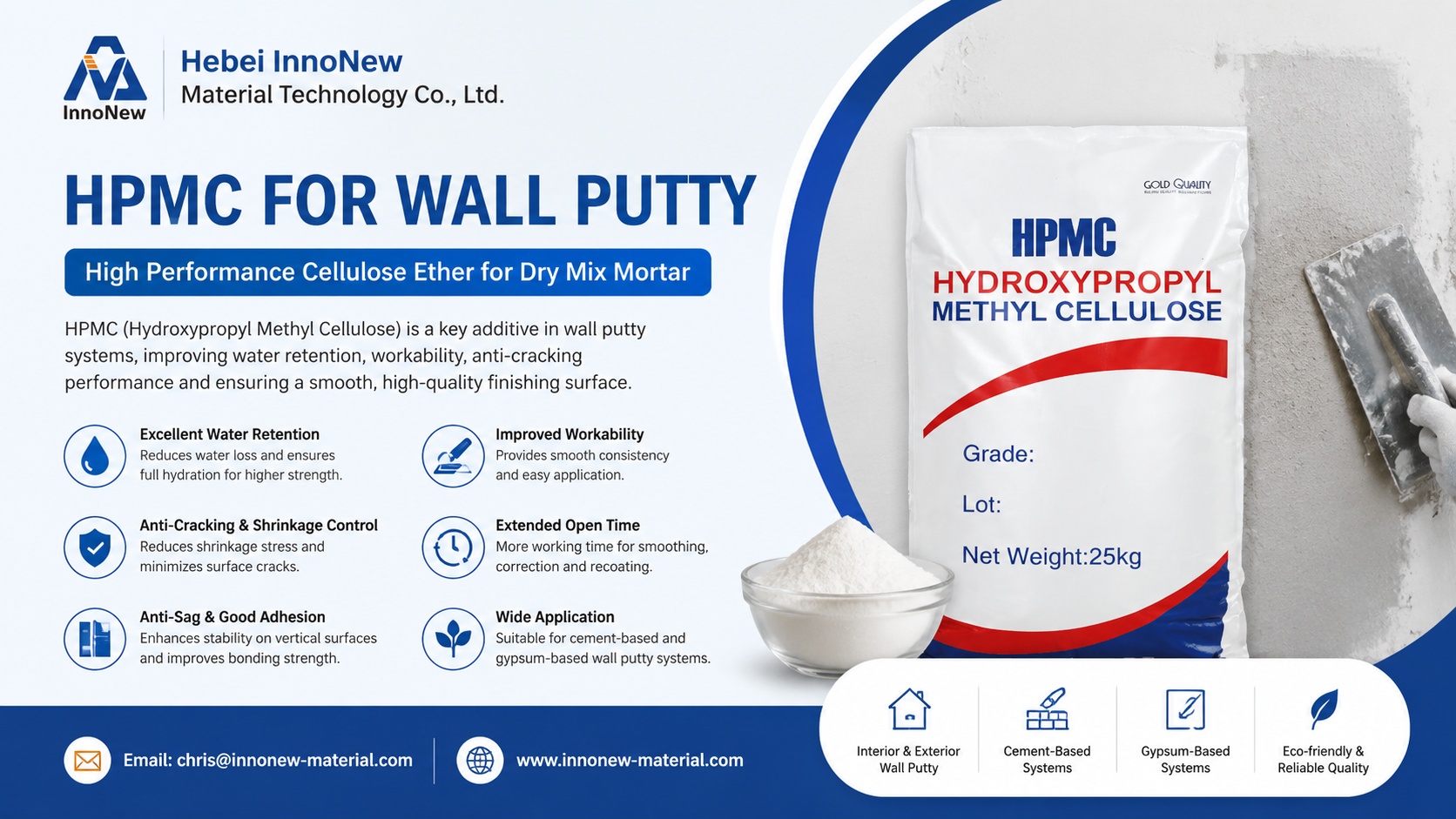HPMC for Wall Putty 1 Construction grade HPMC powder, Hydroxypropyl Methylcellulose additive for interior and exterior wall putty, water retention cellulose ether for dry mortar