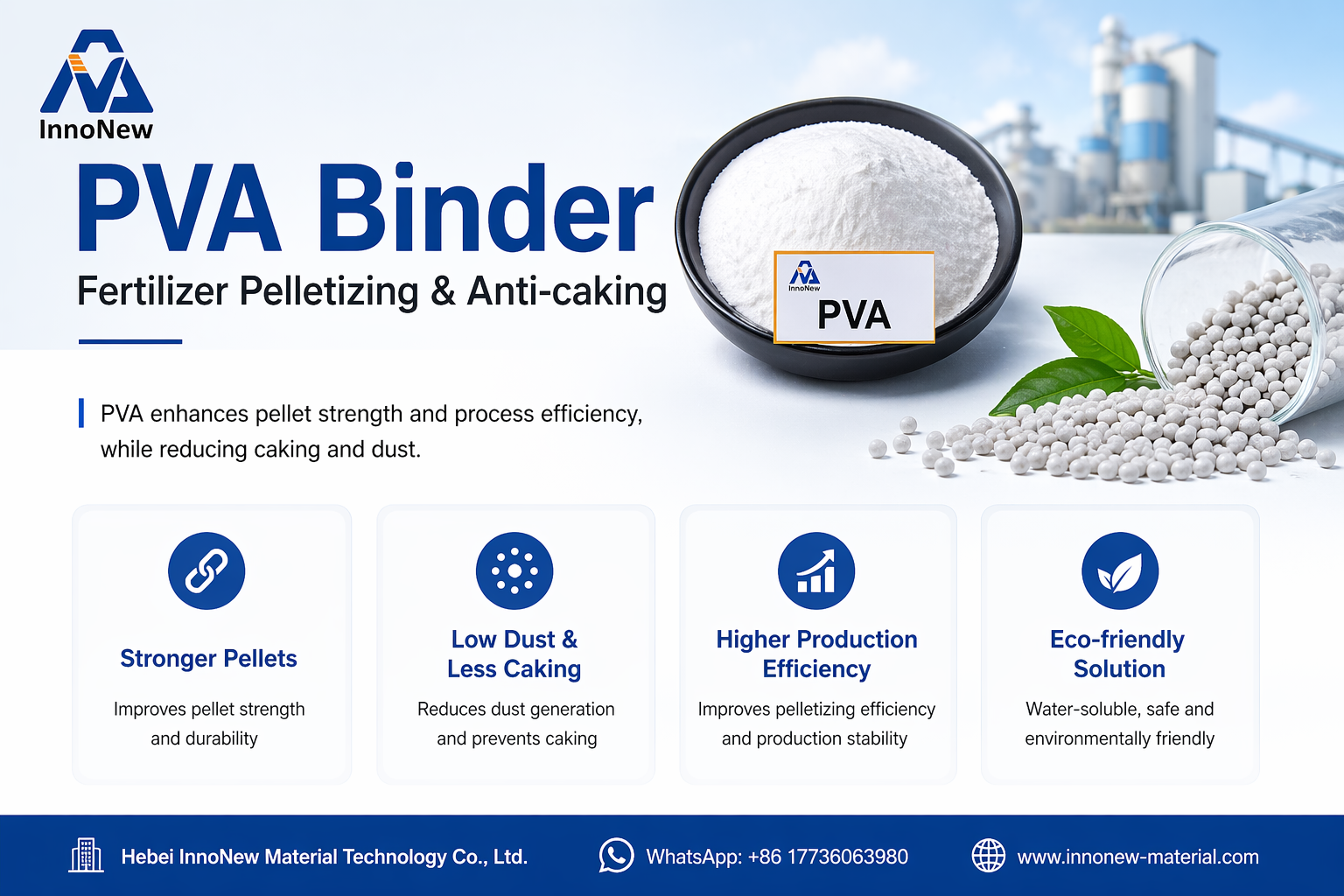 High-quality polyvinyl alcohol binder for fertilizer pelletizing, anti-caking agent for granular fertilizers