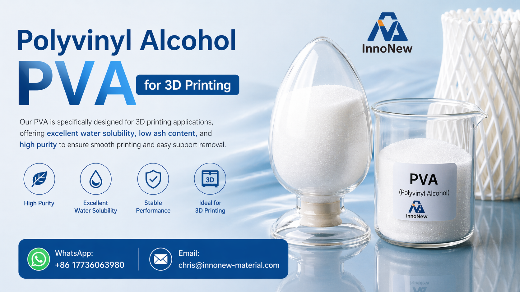Polyvinyl Alcohol PVA 0588 Raw Material for 3D Printing, Low Viscosity (4-6 mPa·s), 87-89% Hydrolysis Degree