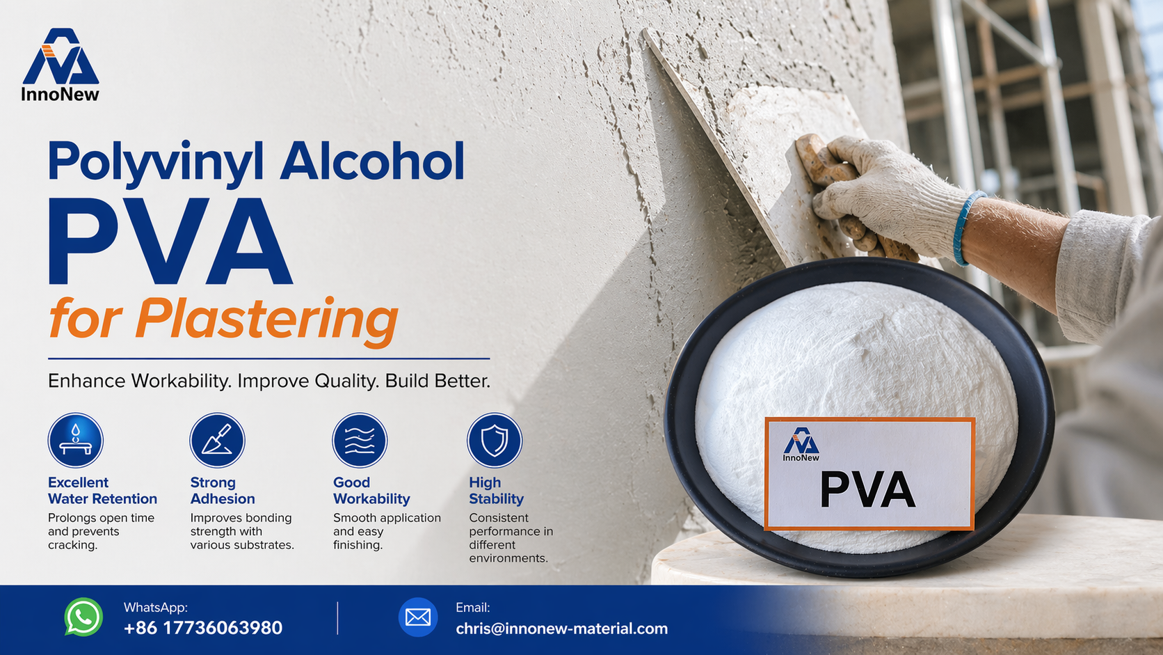 High-quality Polyvinyl Alcohol PVA powder for plastering construction work, professional construction worker applying plaster on interior wall, product performance advantages introduction
