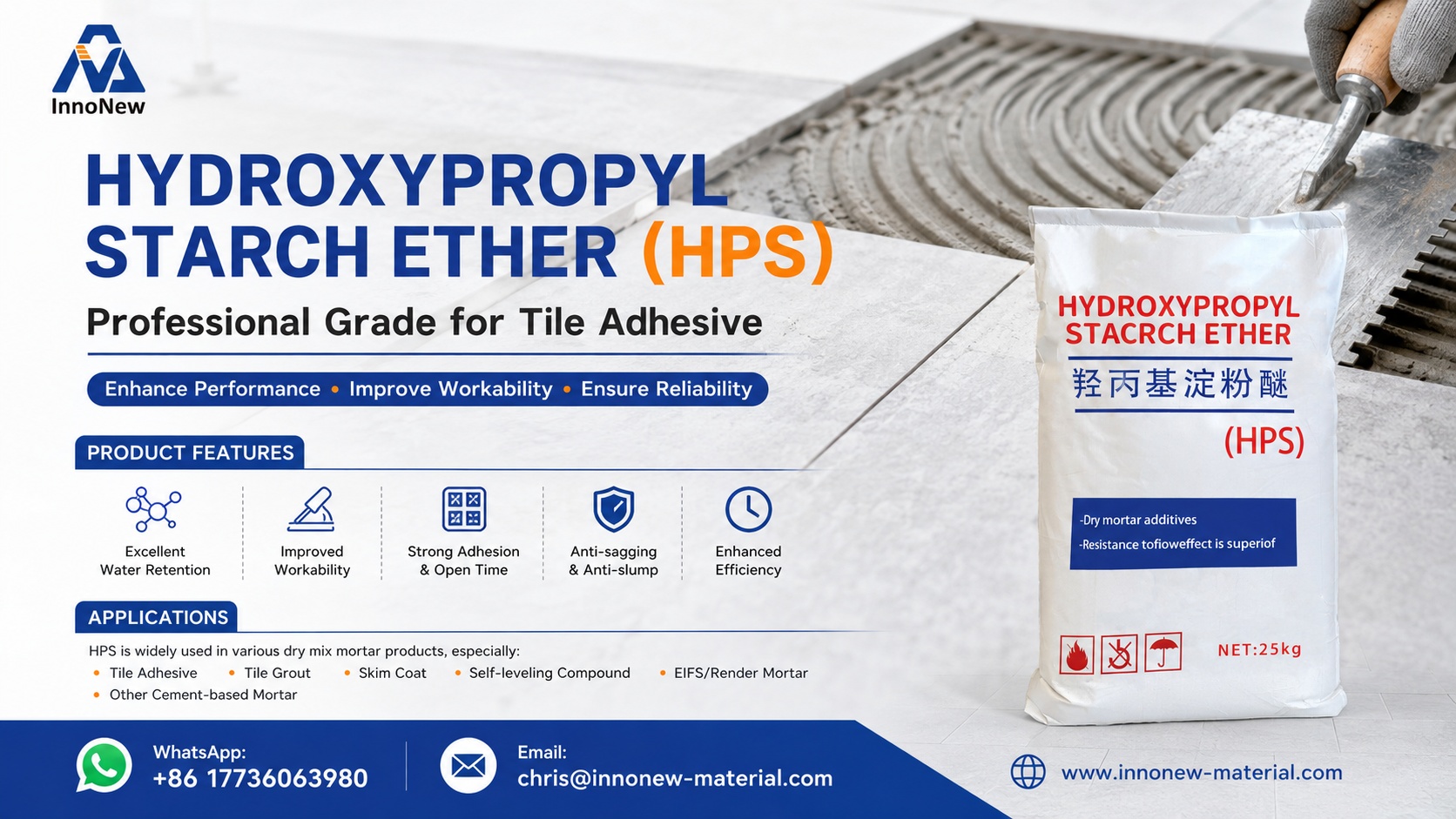 Top 10 Tile Adhesive Problems: Root Causes, Failure Mechanisms and Professional Solutions 3 Hydroxypropyl Starch Ether (HPS) used in tile adhesive formulations to improve water retention, workability, anti-sag performance and open time.