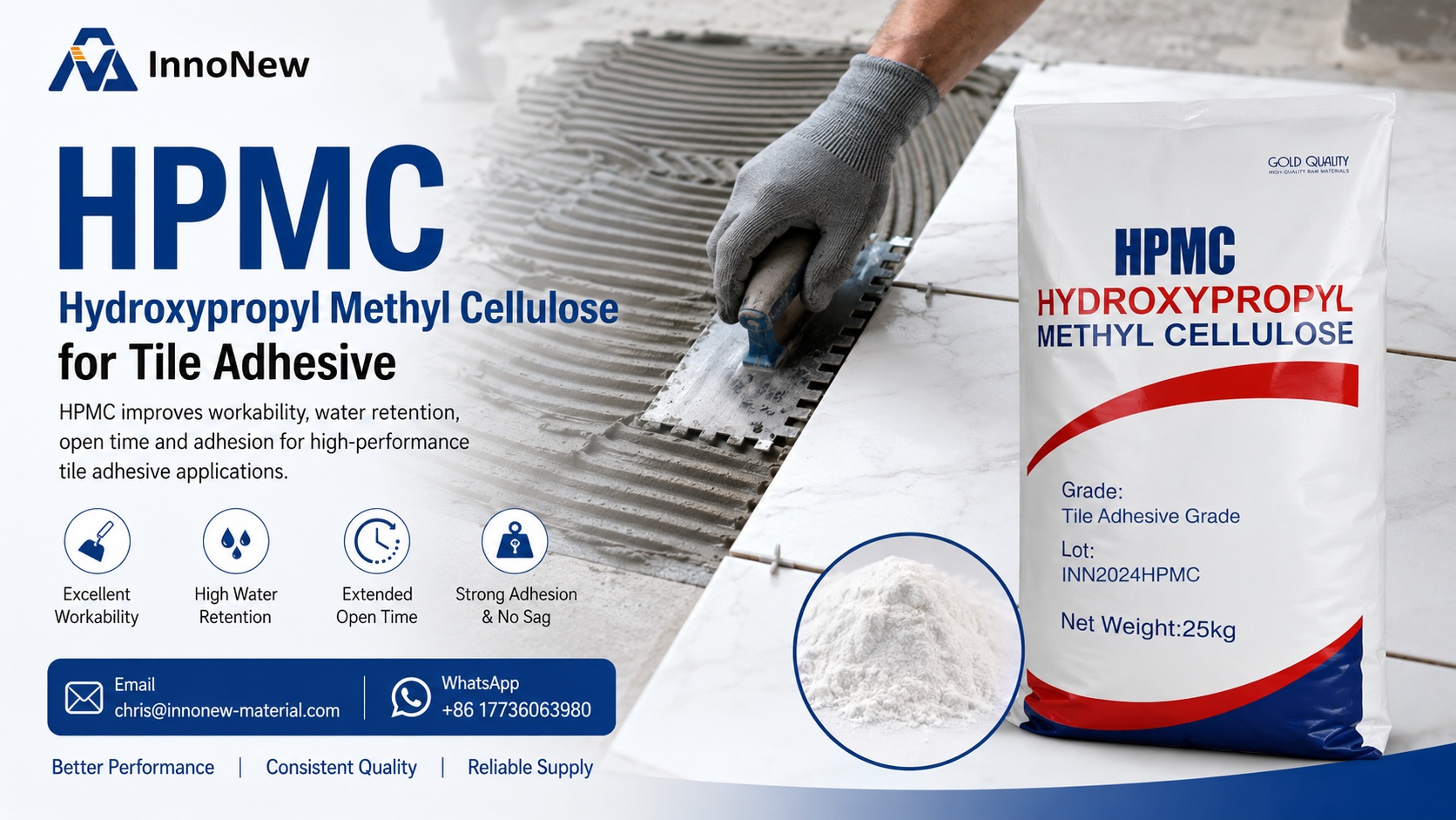 HPMC powder for tile adhesive, high viscosity, white fine grade