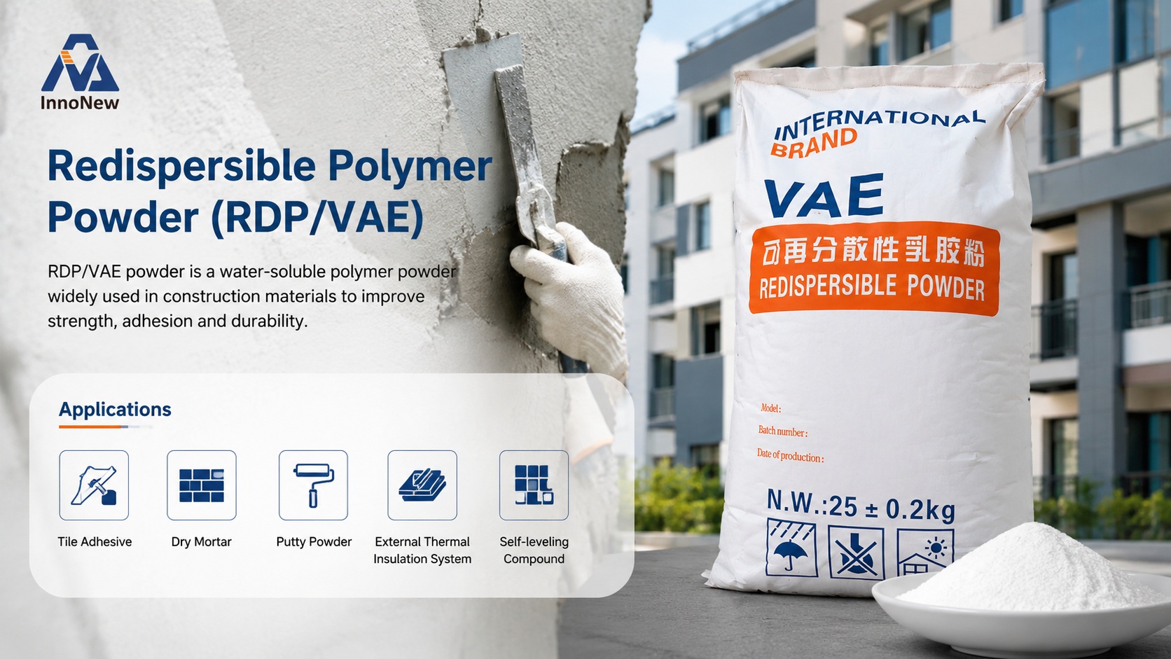 RDP for Wall Putty & Skim Coat | Improve Adhesion, Workability & Crack Resistance 2 RDP/VAE redispersible polymer powder, white free-flowing, ideal for tile adhesives and putty.