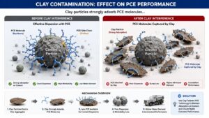 PCE 2025 Bangkok: Top Concrete Challenges and Next-Generation PCE Solutions for Low-Carbon Construction 5 Diagram showing clay contamination impact on PCE superplasticizer performance in concrete