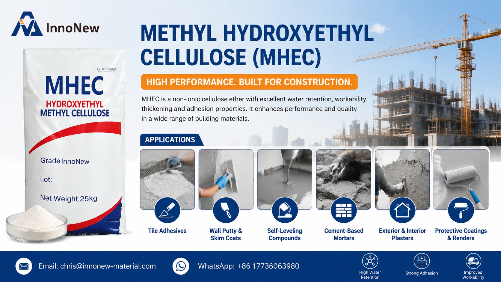 MHEC for Wall Putty & Interior/Exterior Plasters | Superior Workability & Water Retention 1 Methyl Hydroxyethyl Cellulose (MHEC) powder for construction, enhancing tile adhesives, mortars, wall putty, self-leveling compounds, and protective coatings.