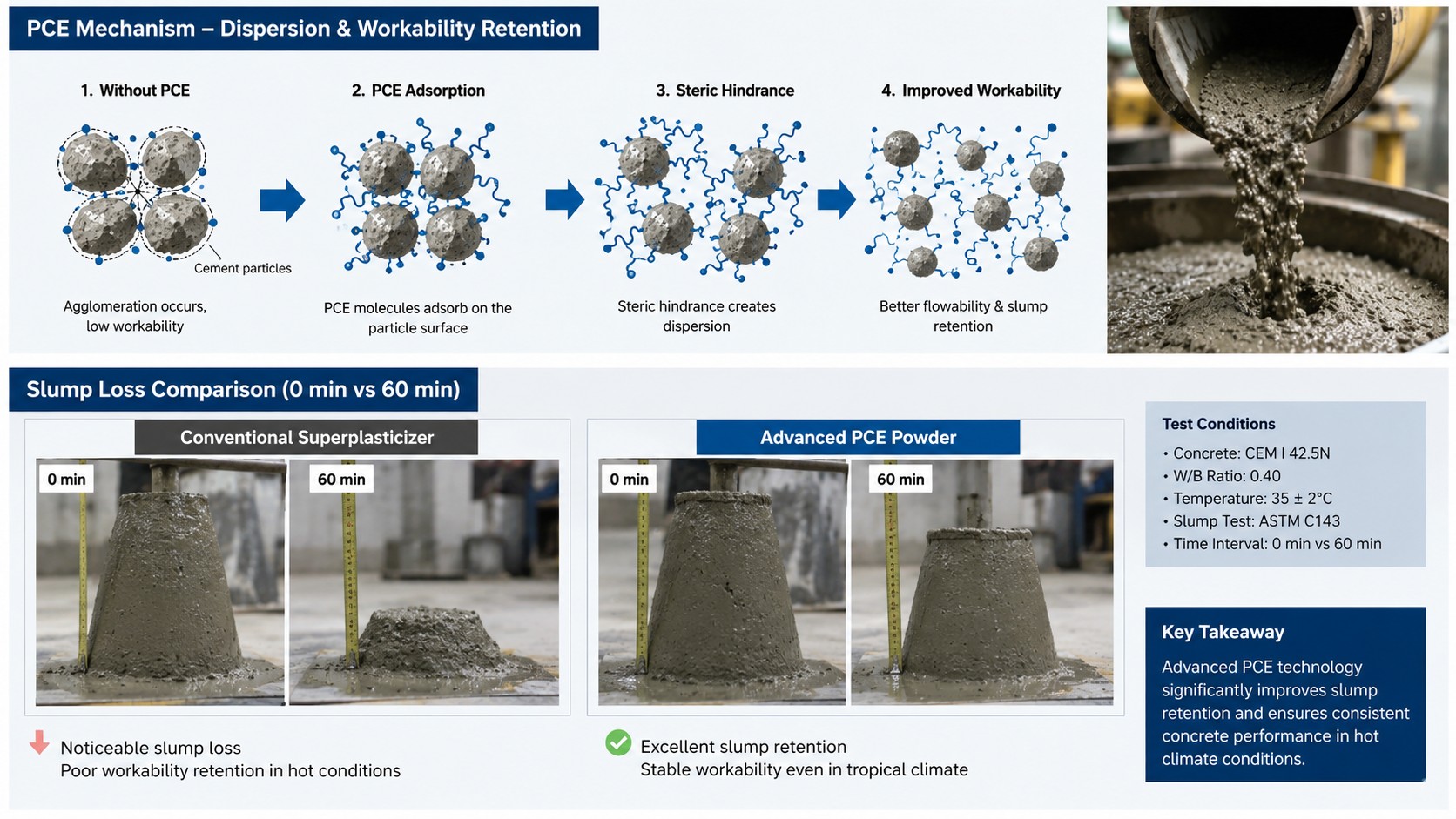 Advanced PCE polycarboxylate ether slump retention mechanism and concrete workability comparison vs conventional superplasticizer
