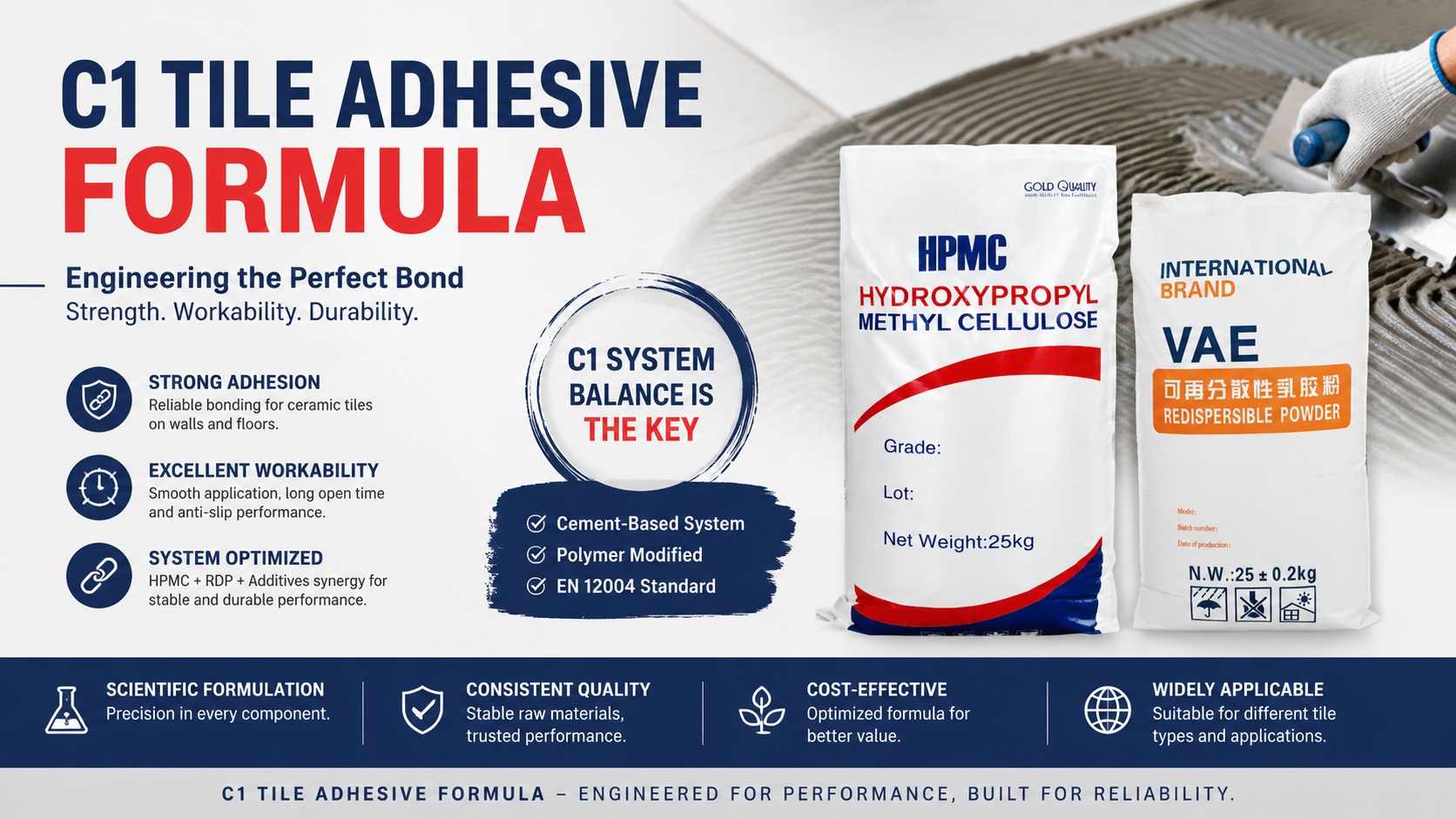 C1 Tile Adhesive Formula Explained: Standard Cement-Based Tile Adhesive Composition, Materials & Performance Optimization 1 C1 tile adhesive formula infographic showing cement-based tile adhesive system with HPMC water retention, RDP adhesion improvement, and construction performance parameters for ceramic tile installation.
