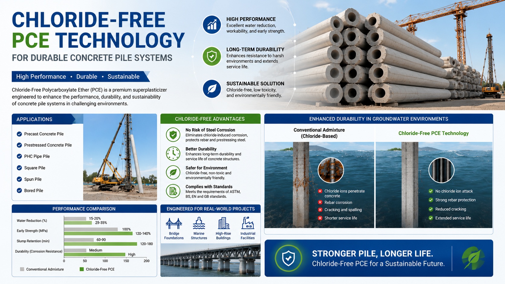 Why Free-Chloride Polycarboxylate Ether (PCE) Is Essential for High-Performance PHC and PC Spun Pile Manufacturing 1 Chloride free polycarboxylate ether PCE admixture for concrete pile construction