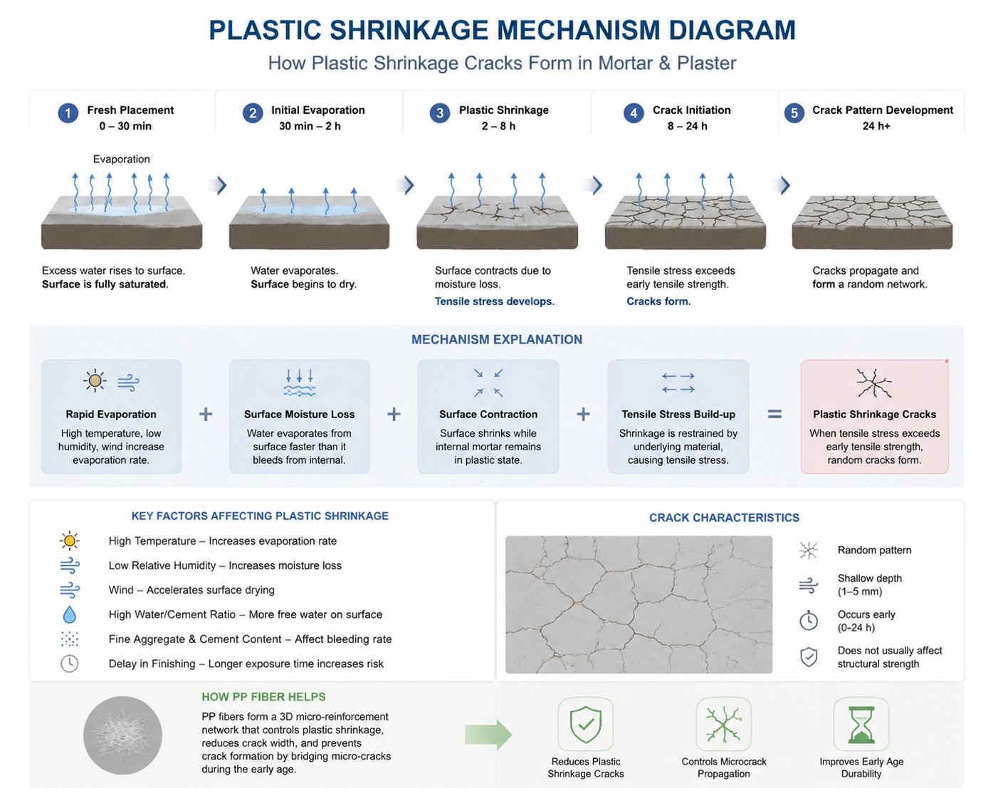 PP Fiber for Mortar & Plaster: The Science of Crack Control in Cement-Based Rendering Systems 1 PP fiber plastic shrinkage mechanism diagram for mortar and plaster, concrete anti-crack fiber working principle illustration