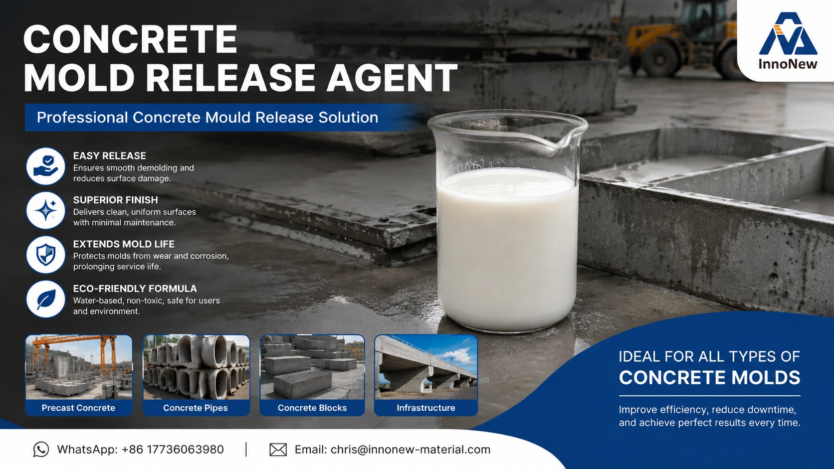 Complete Guide to Concrete Mold Release Agents | Water-Based High-Performance Demolding Solution 1 Complete Guide to Concrete Mold Release Agents: Types, Mechanisms, and Best Practices for High-Performance Demolding1. Introduction
In modern concrete manufacturing, mold release agents play a critical role in ensuring efficient demolding, high-quality surface finish, and mold durability. Without a properly selected and correctly applied release agent, manufacturers often face issues such as concrete sticking, surface defects, discoloration, and increased mold maintenance costs.
Water-based concrete mold release agents, especially high-concentration emulsions, have become the mainstream solution in precast concrete, pipe, block, and PHC pile production due to their environmental advantages, flexible dilution ratios, and stable demolding performance.
This guide provides a structured technical overview of water-based mold release systems, focusing on application practices, dilution optimization, and performance control.
2. What Is a Water-Based Concrete Mold Release Agent?
A water-based concrete mold release agent is a chemically formulated emulsion designed to form a thin, stable barrier film between concrete and mold surfaces, preventing adhesion during the hydration and curing process.
Key characteristics:
Milky white emulsion appearance
Water-based, low VOC system
High-concentration formulation
Flexible dilution ratio: 1:6 to 1:15
Compatible with steel, plastic, and FRP molds
This type of system allows manufacturers to optimize performance and cost by adjusting dilution based on production requirements.
3. Types of Concrete Mold Release Agents
3.1 Oil-Based Systems
Traditional mineral oil-based agents provide strong lubrication but often cause:
Higher VOC emissions
Mold residue buildup
Environmental compliance issues
3.2 Water-Based Systems (Modern Standard)
Water-based formulations offer:
Cleaner mold surfaces
Improved environmental compliance
Better surface finish consistency
Reduced long-term mold maintenance cost
3.3 High-Concentration Water-Based Systems
Advanced emulsions designed for flexible dilution (1:6–1:15), allowing:
Customized performance control
Reduced transportation and storage cost
Adaptation to different mold types and products
4. Mechanisms of Action
Water-based concrete mold release agents operate through a combination of physical and chemical mechanisms:
4.1 Physical Barrier Formation
A uniform micro-film is formed on the mold surface, isolating cement paste from direct contact.
4.2 Lubrication Effect
The film reduces interfacial friction during demolding, lowering mechanical resistance.
4.3 Surface Conditioning Effect
Minimizes air voids, honeycombing, and surface discoloration by stabilizing the interface.
4.4 Interfacial Chemical Interaction
Mild interaction with calcium compounds in cement paste reduces adhesion strength at the micro-level.
5. How to Choose the Right Dilution Ratio
One of the key advantages of high-concentration systems is adjustable dilution. Proper selection directly impacts surface quality and cost efficiency.
Recommended dilution ranges:
1:6 Dilution
Architectural precast elements
Complex molds
Exposed concrete surfaces
Highest surface quality requirement
1:10 Dilution
Standard precast components
Balanced performance and cost
1:12 Dilution
Concrete pipes
Curbstones
Medium complexity molds
1:15 Dilution
High-volume production lines
Smooth steel molds
Cost-optimized applications
Important principle:
Higher dilution does not always mean better performance. The optimal ratio depends on mold type, concrete mix design, and surface quality requirements.
6. Mold Surface Preparation
Proper mold preparation is essential for stable demolding performance.
Key steps:
Remove residual cement and oil contamination
Ensure dry and clean mold surface
Treat used molds to eliminate buildup layers
Match cleaning intensity with mold material type
Mold types:
Steel molds: require precise film control
Plastic molds: lower adhesion but sensitive to over-application
Wooden molds: higher absorption, require stronger coating
7. Application Best Practices
Application methods:
Spraying (preferred): ensures uniform thin film
Brushing: suitable for edges and complex geometries
Rolling: used in small-scale operations
Key principle:
A uniform thin film is more important than excessive application. Over-application may lead to surface defects or waste.
Application control factors:
Mold roughness
Dilution ratio
Ambient temperature
Concrete mix characteristics
8. Drying and Casting Considerations
Proper timing between application and concrete casting is critical.
Allow short flash-off time after application
Avoid immediate casting if excessive moisture remains
Adjust drying time in high humidity or low temperature environments
Ensure consistent film formation before pouring concrete
9. Common Problems and Troubleshooting
Problem Cause Solution
Concrete sticking Over-dilution or poor coverage Adjust ratio, improve spraying uniformity
Air bubbles on surface Uneven film or trapped air Optimize spray technique
Surface discoloration Mold contamination Clean mold thoroughly
Residue buildup Insufficient maintenance Increase cleaning frequency
10. Applications in Concrete Products
Water-based mold release agents are widely used in:
Precast concrete elements
Concrete pipes
PHC and PC spun piles
Concrete blocks
Wall panels
Railway sleepers
Each application requires optimized dilution and application control depending on mold geometry and production speed.
11. Maintenance and Storage Recommendations
Store in sealed containers
Avoid direct sunlight and freezing conditions
Stir gently before use if stored long-term
Use clean water for dilution to ensure stability
Maintain consistent batch mixing procedures
12. FAQ
Q1: What dilution ratio should I use?
It depends on mold type and product requirements, ranging from 1:6 to 1:15.
Q2: Can tap water be used for dilution?
Yes, but clean water is recommended to ensure emulsion stability.
Q3: Why does concrete still stick after using release agent?
Common causes include improper dilution, uneven spraying, or contaminated molds.
Q4: Is more release agent better?
No. Excessive application may cause surface defects.
Q5: Can it be used for PHC piles?
Yes, it is widely applied in PHC and PC spun pile manufacturing.
13. Conclusion
Water-based concrete mold release agents, especially high-concentration systems with flexible dilution ratios, represent a modern, efficient, and environmentally friendly solution for concrete manufacturing. Proper selection of dilution ratio, correct application methods, and adequate mold preparation are key to achieving optimal demolding performance and high-quality concrete surfaces.