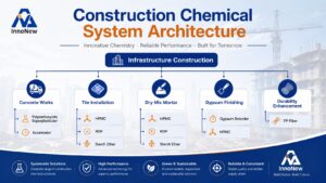 Construction Chemical System Architecture showing integrated solutions for concrete works, tile installation, dry mix mortar, gypsum finishing, and durability enhancement using PCE, HPMC, RDP, Starch Ether, Gypsum Retarder, Accelerator, and PP Fiber.