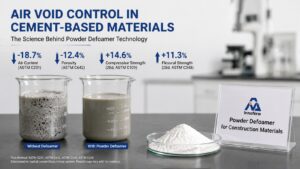 The Science of Air Void Control in Cement-Based Materials: Why Powder Defoamers Matter More Than Ever 2 Construction powder defoamer demonstrating air void control in cement-based materials, reducing porosity and improving mortar strength for dry-mix construction applications.