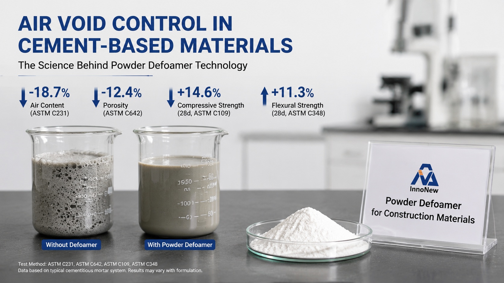 The Science of Air Void Control in Cement-Based Materials: Why Powder Defoamers Matter More Than Ever 1 Construction powder defoamer demonstrating air void control in cement-based materials, reducing porosity and improving mortar strength for dry-mix construction applications.