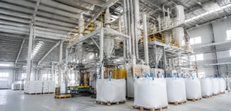 Full automatic industrial powder production workshop with bulk jumbo bag finished goods on wooden pallets
