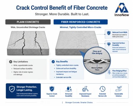 PP Fiber vs Steel Fiber: Understanding Their Roles in Modern Concrete Engineering 2 Fiber reinforced concrete vs plain concrete illustrating reduced cracks, improved durability, and fiber bridging effect. InnoNew Material Technology infographic.