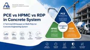 PCE vs HPMC vs RDP in Concrete System 8 PCE, HPMC and RDP concrete admixture system diagram showing three-layer performance structure for ready mix, pumping, precast and pile concrete applications