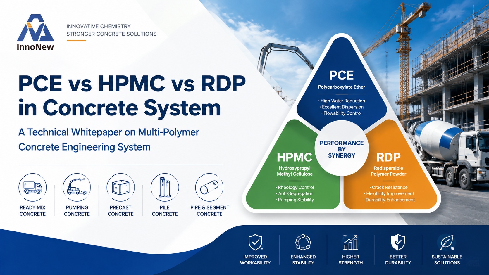 PCE vs HPMC vs RDP in Concrete System 1 PCE, HPMC and RDP concrete admixture system diagram showing three-layer performance structure for ready mix, pumping, precast and pile concrete applications