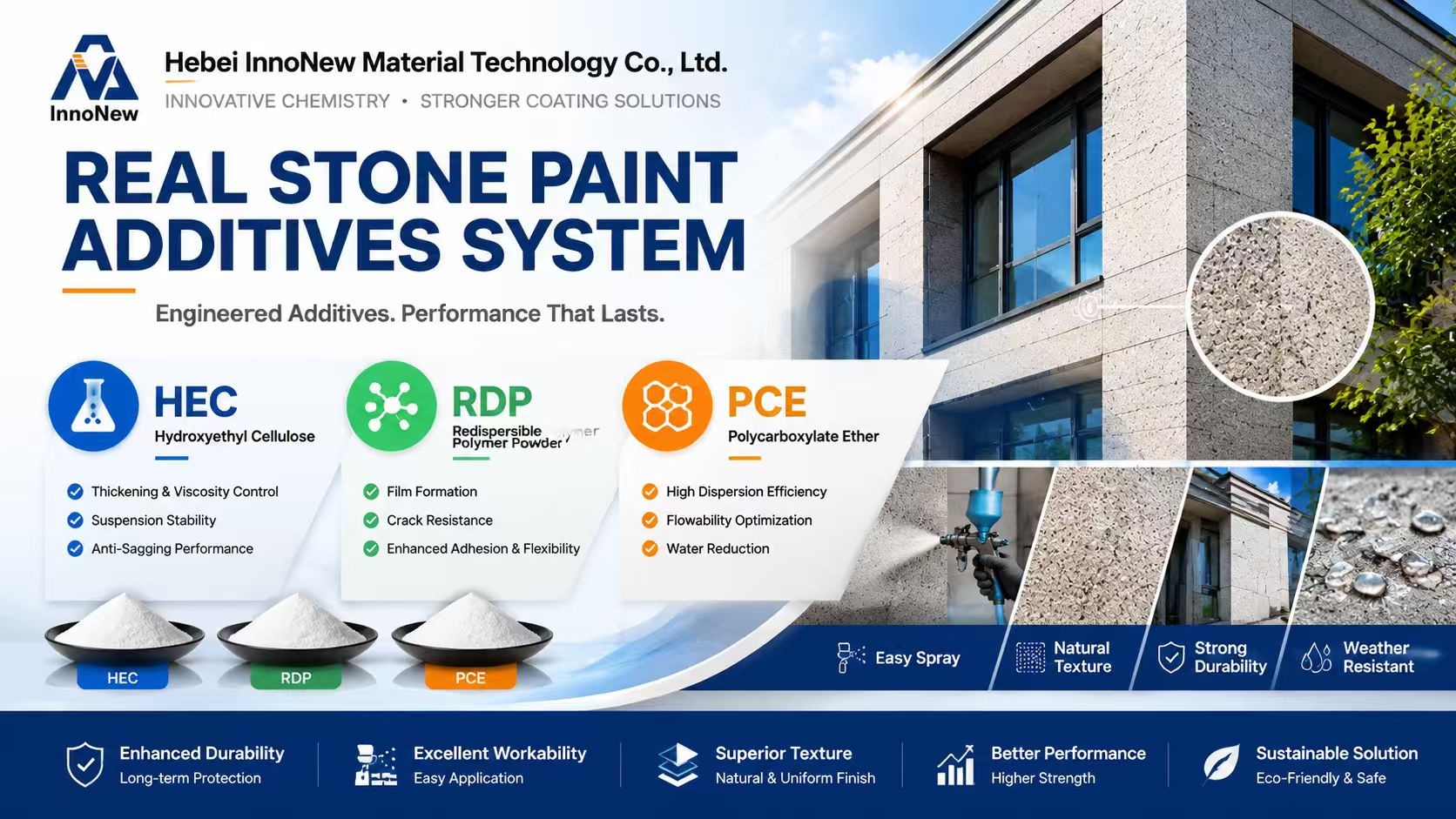 Real Stone Paint Additives System: Technical Guide to HPMC, HEC, MHEC, RDP & PCE in Exterior Coating Formulations 1 Real stone paint additives HEC, RDP, PCE for exterior stone texture coating raw materials