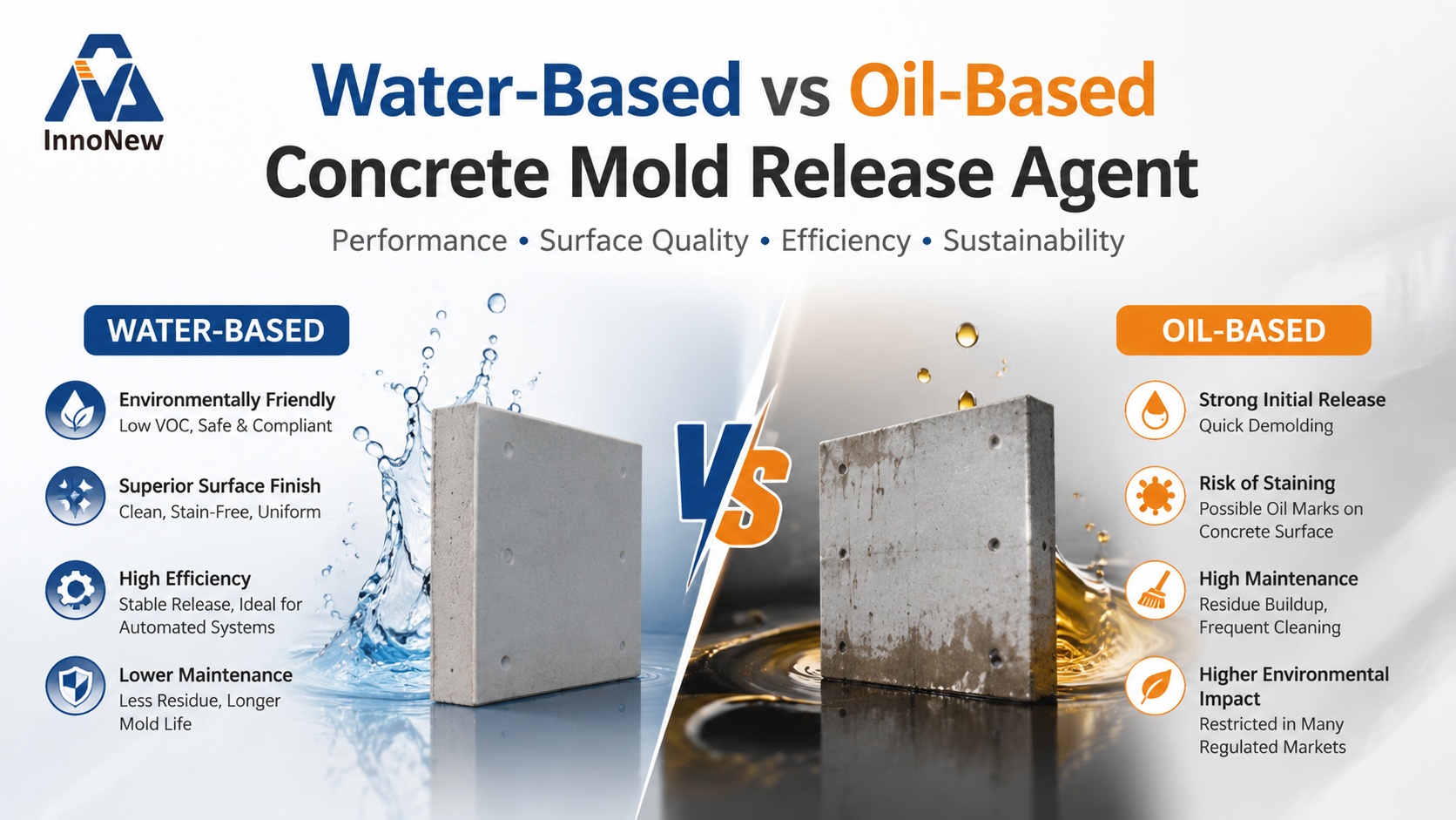 Water-Based vs Oil-Based Concrete Mold Release Agent: Which is Better? 1 Industrial infographic comparing water-based and oil-based concrete mold release agents, showing differences in surface quality, demolding performance, environmental impact, and maintenance cost for precast concrete applications.