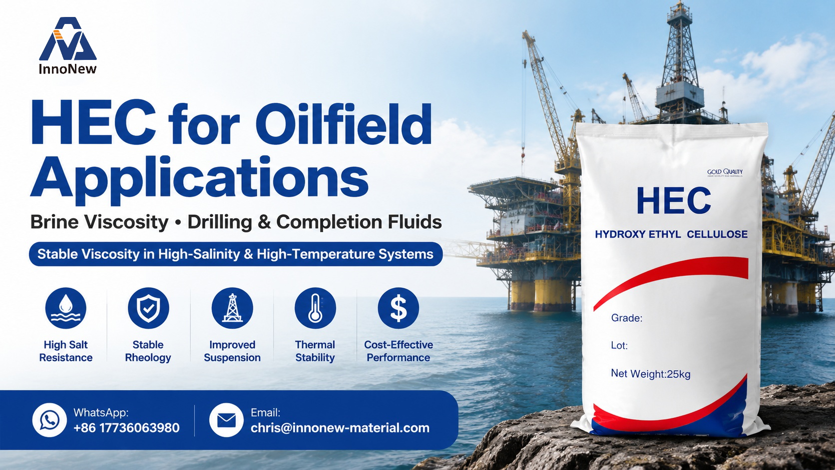 HEC for Oilfield Applications: Brine Vis, Drilling & Completion Fluids Explained 1 HEC Hydroxyethyl Cellulose for oilfield applications banner showing drilling rig background and industrial packaging for brine viscosity, drilling, and completion fluids.