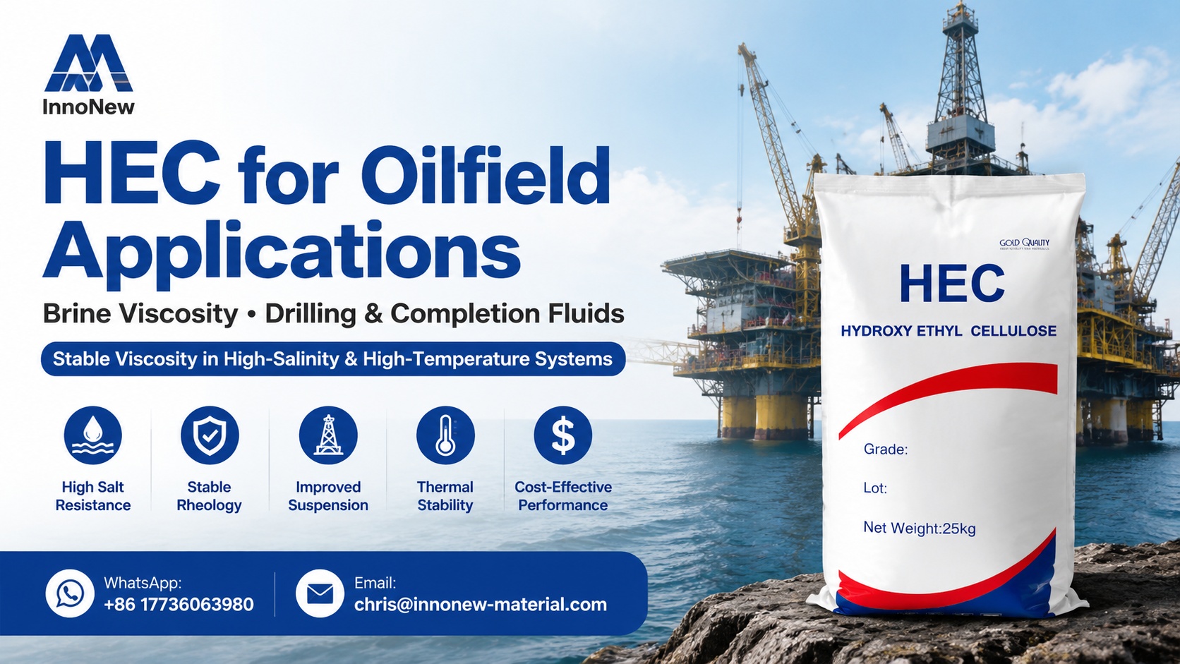 HEC for Oilfield Applications: Brine Vis, Drilling & Completion Fluids Explained 1 HEC Hydroxyethyl Cellulose for oilfield applications banner showing drilling rig background and industrial packaging for brine viscosity, drilling, and completion fluids.