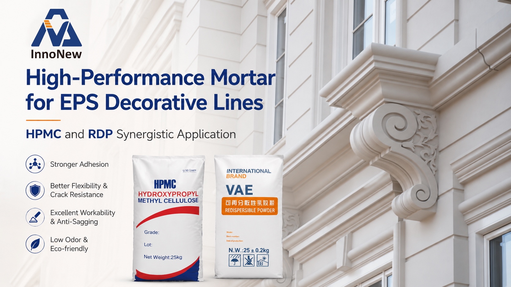 HPMC and RDP in cement-based mortar for EPS decorative lines, improving adhesion, flexibility and crack resistance.