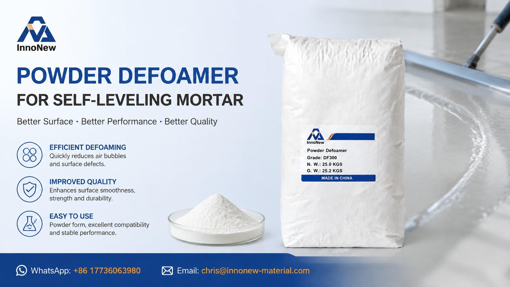How Powder Defoamer Improves Quality of Self-Leveling Mortar 1 Powder defoamer DF300 eliminates air bubbles for self‑leveling mortar, improves surface smoothness and strength